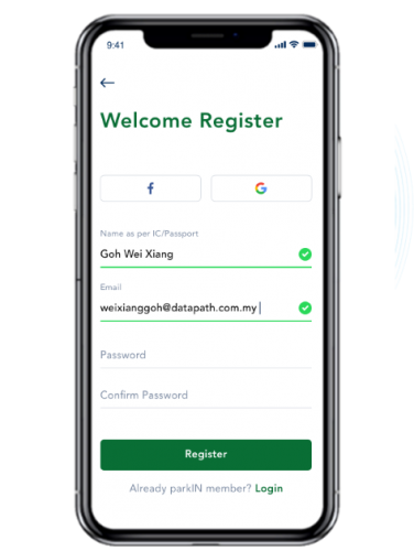 parkin mobile app register page